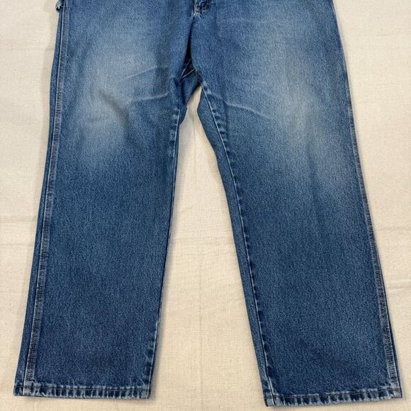 Riggs Dura Shield Blue Denim Straight Leg Work Jeans Brown Leather Detail 46x32 - Picture 4 of 16